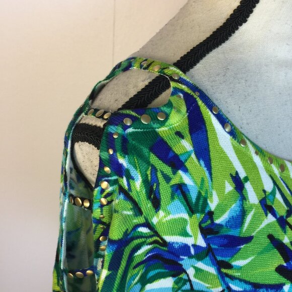 Cache Knit Top Sweater Sz XS Womans Green Blue Floral Knit Studded Short Sleeve - Picture 5 of 13